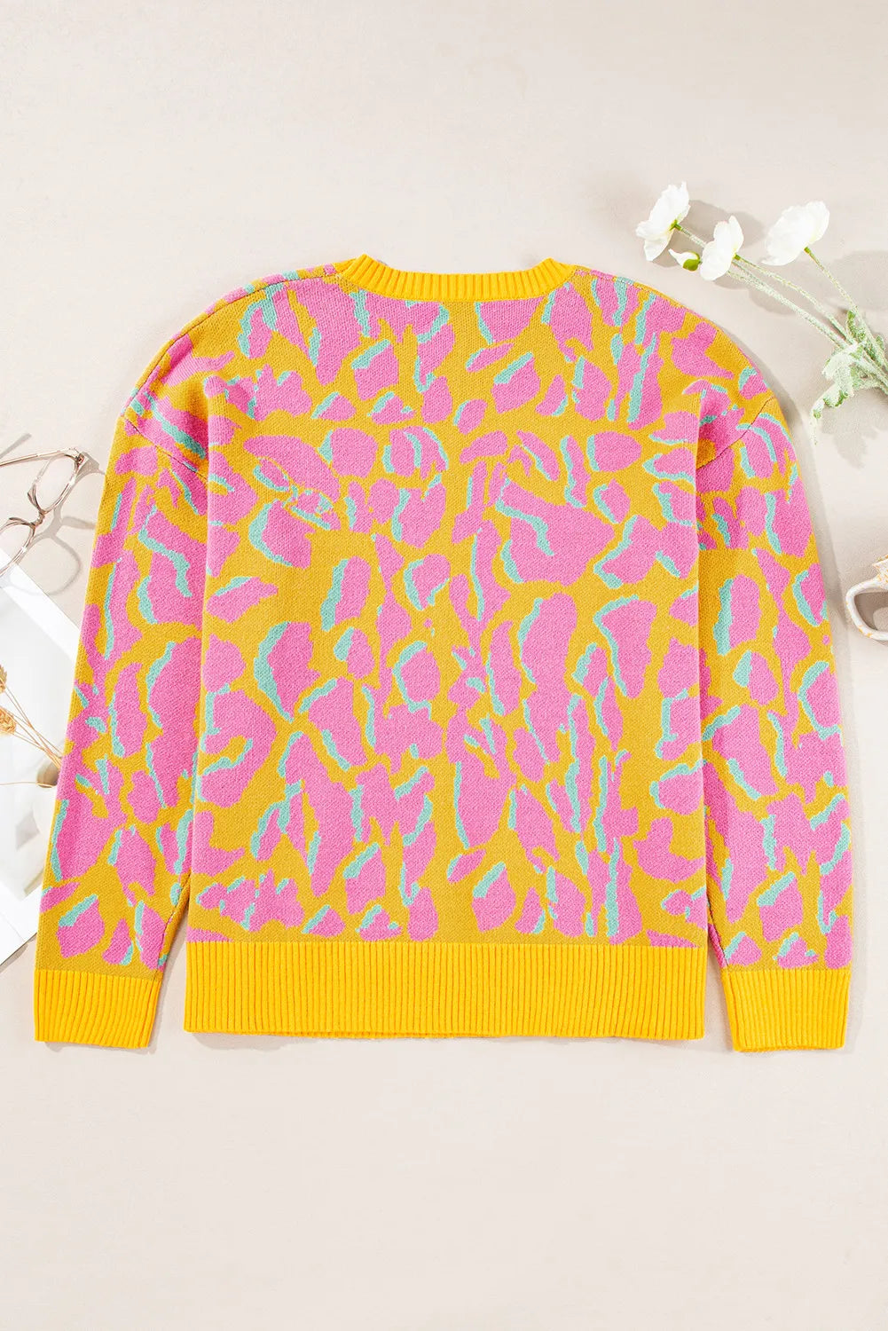 Leopard Contrast Round Neck Long Sleeve Sweater