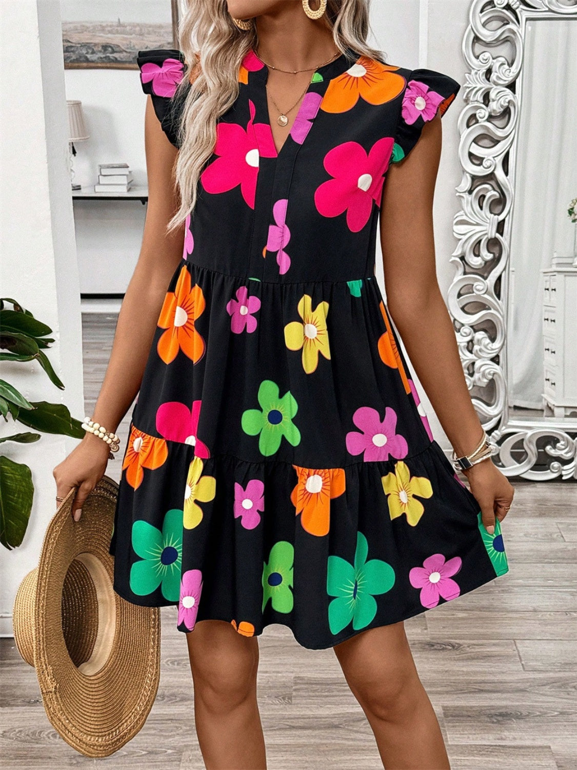 Big Flower Ruffled Cap Sleeve Dress