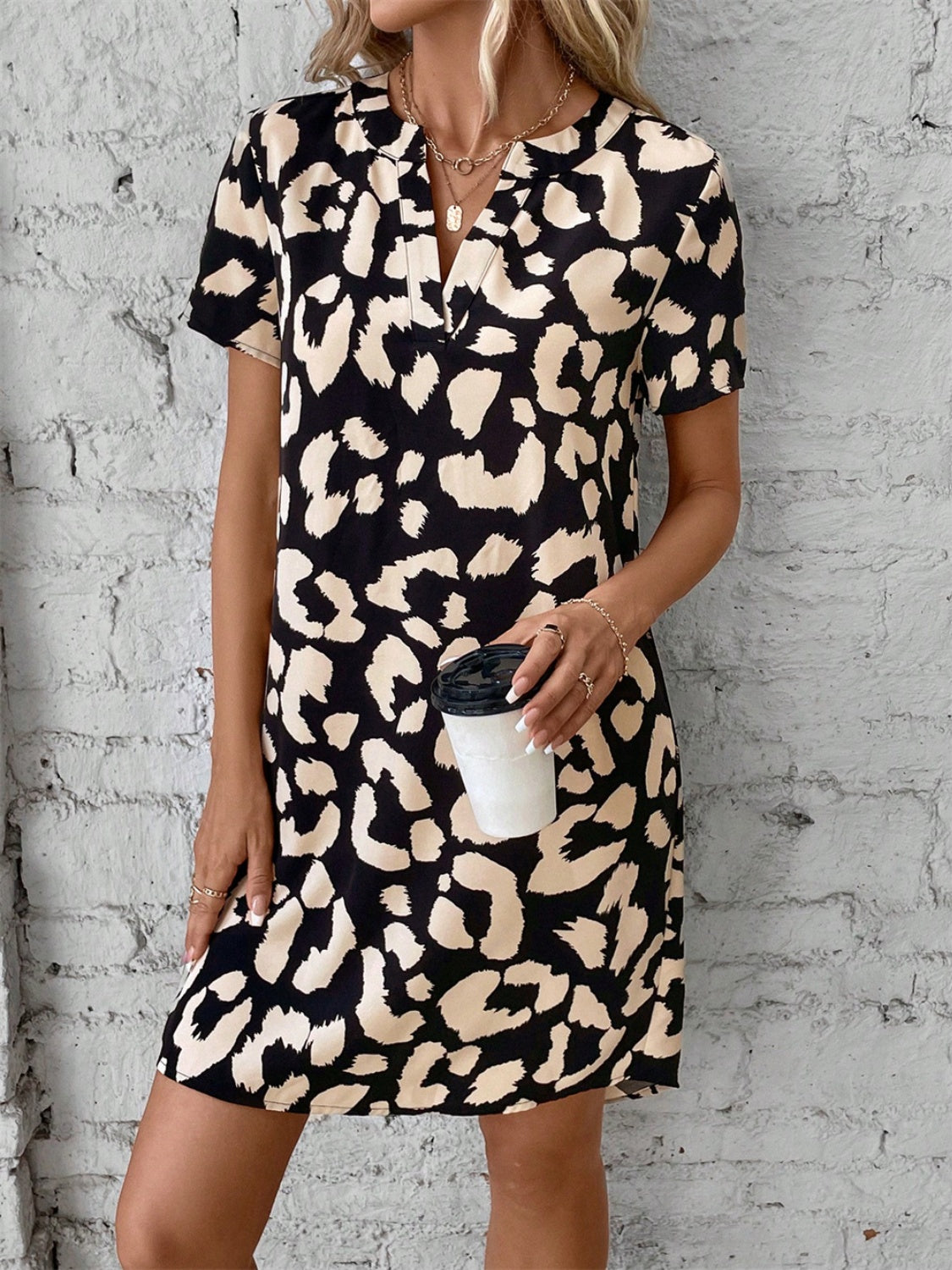Leopard Printed Notched Short Sleeve Mini Dress
