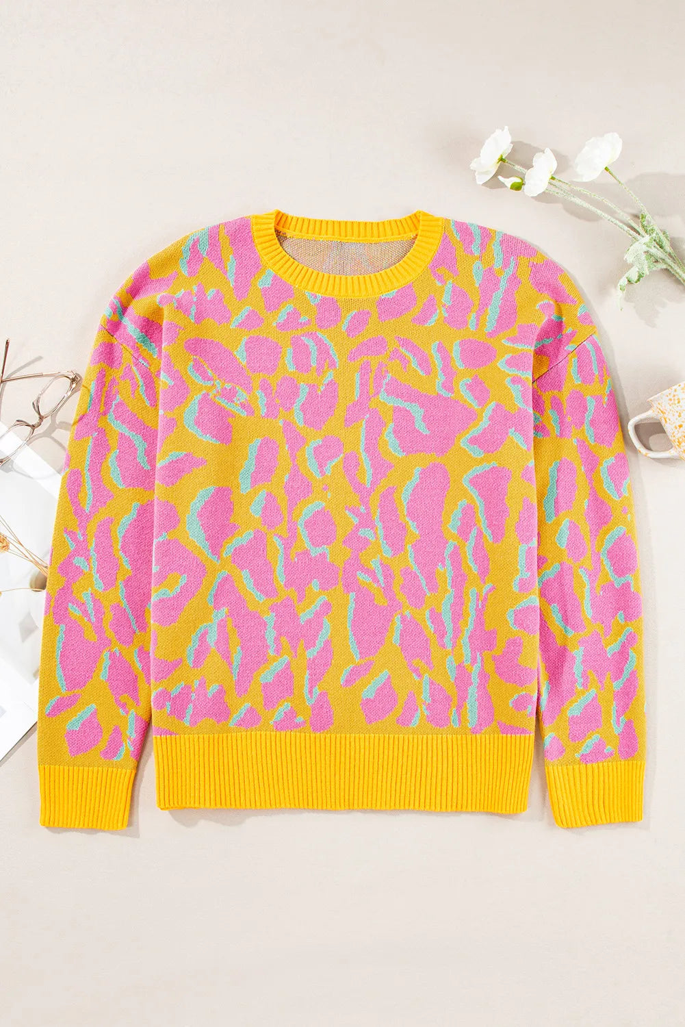 Leopard Contrast Round Neck Long Sleeve Sweater