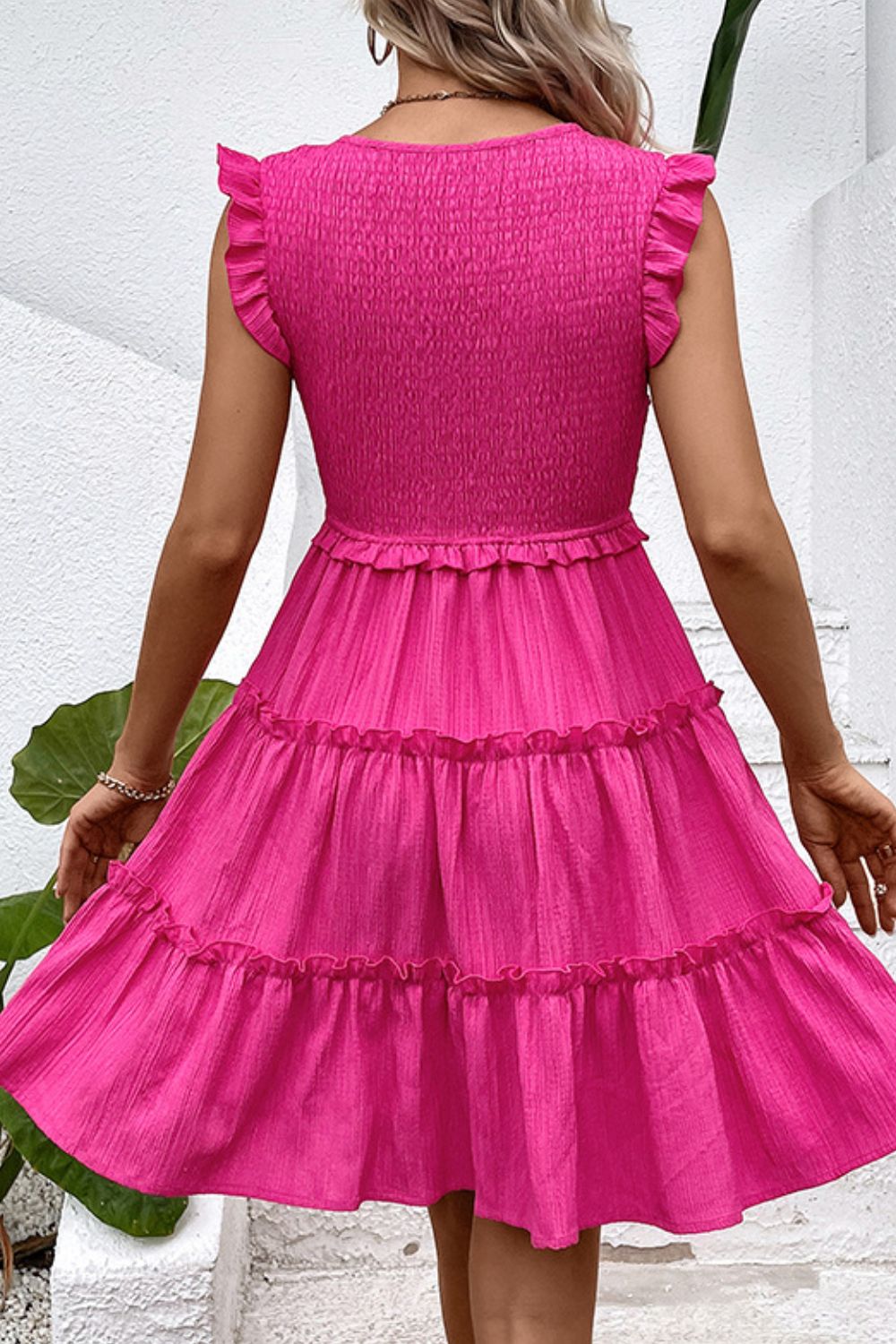 Smocked Deep V Dress in Hot Pink