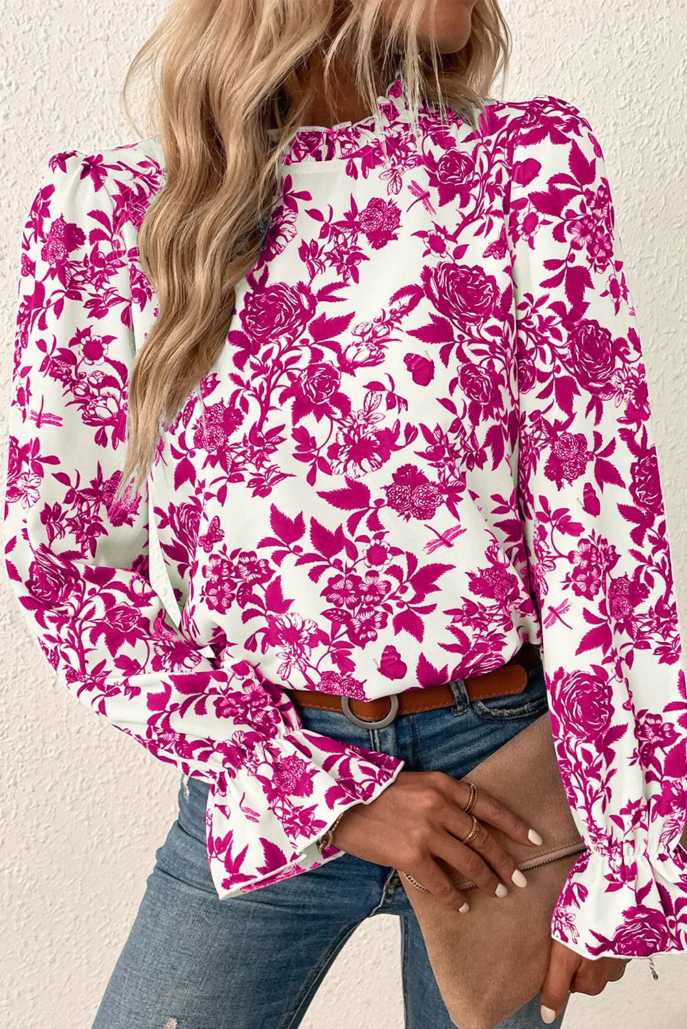 Peacock Blue Printed Mock Neck Flounce Sleeve Blouse
