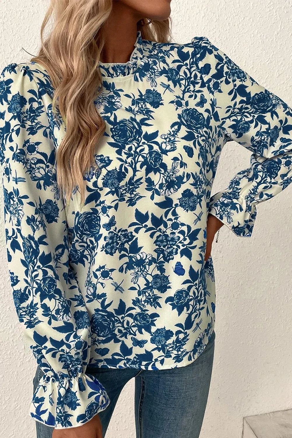 Peacock Blue Printed Mock Neck Flounce Sleeve Blouse