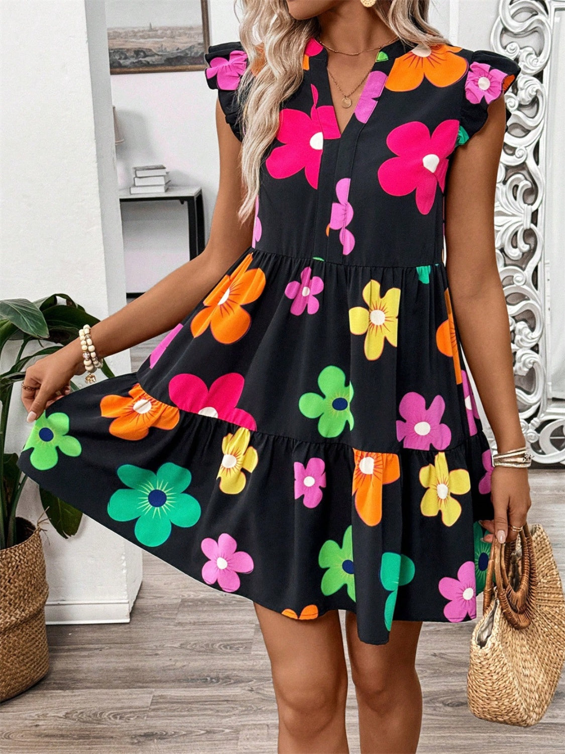 Big Flower Ruffled Cap Sleeve Dress
