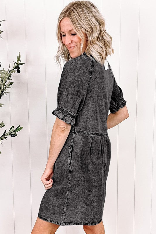 Women Ruffled Short Sleeve Buttoned Denim Dress with Pockets!