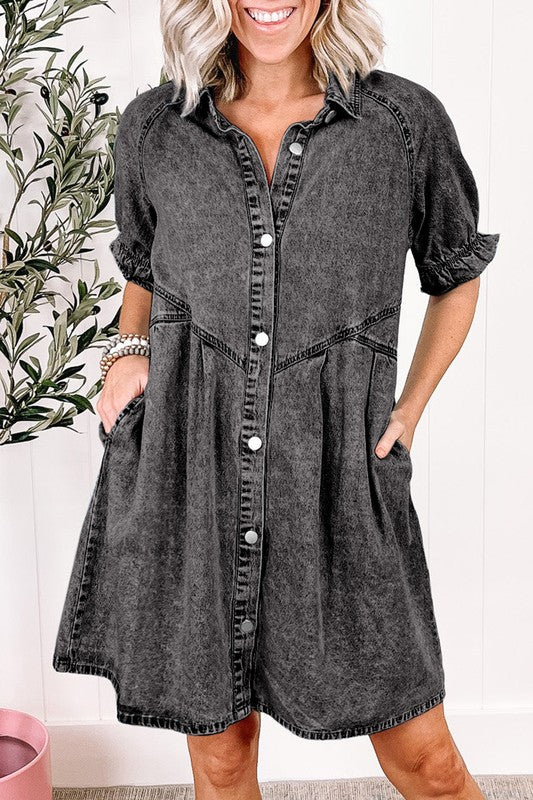 Women Ruffled Short Sleeve Buttoned Denim Dress with Pockets!