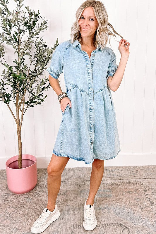 Women Ruffled Short Sleeve Buttoned Denim Dress with Pockets!