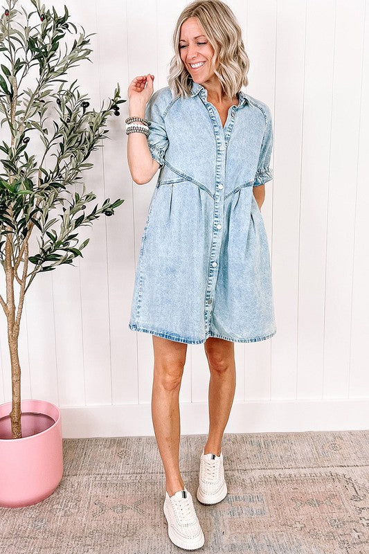 Women Ruffled Short Sleeve Buttoned Denim Dress with Pockets!