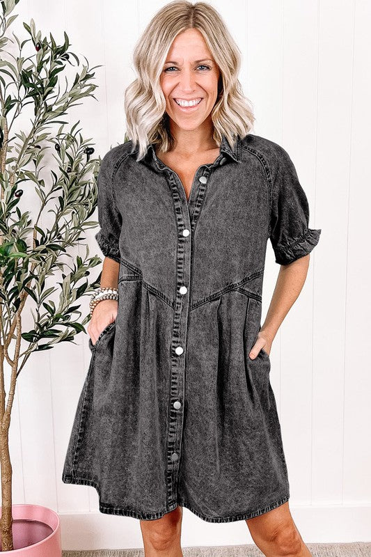 Women Ruffled Short Sleeve Buttoned Denim Dress with Pockets!