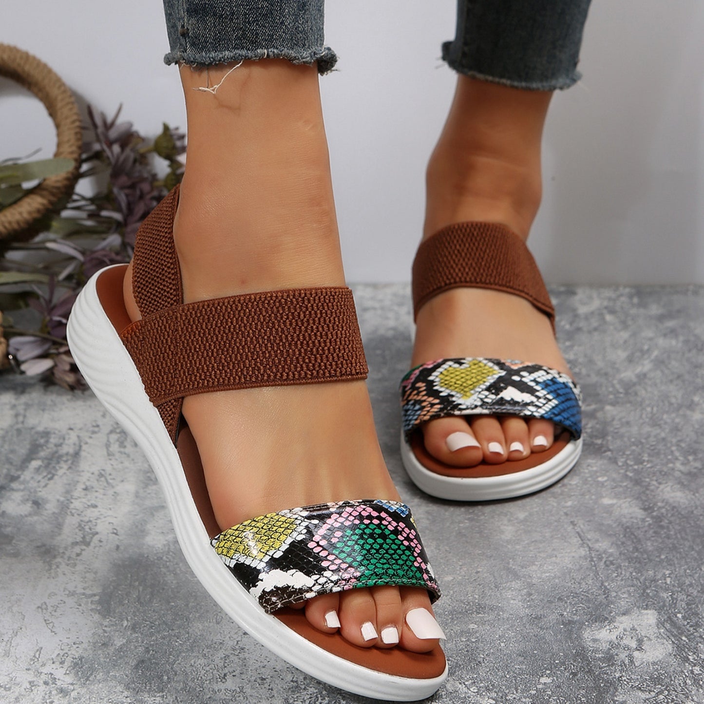 Faux Leather Open Toe Low Heel Sandals- 5 Colors