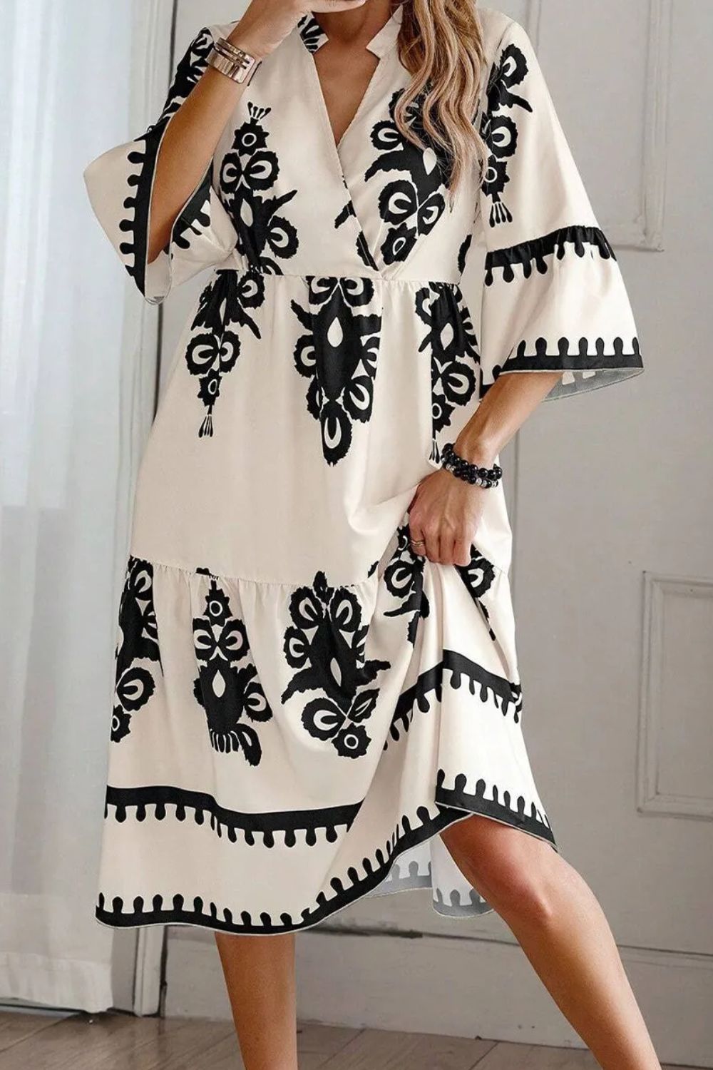 Printed Half Sleeve Dress- Ivory and Black