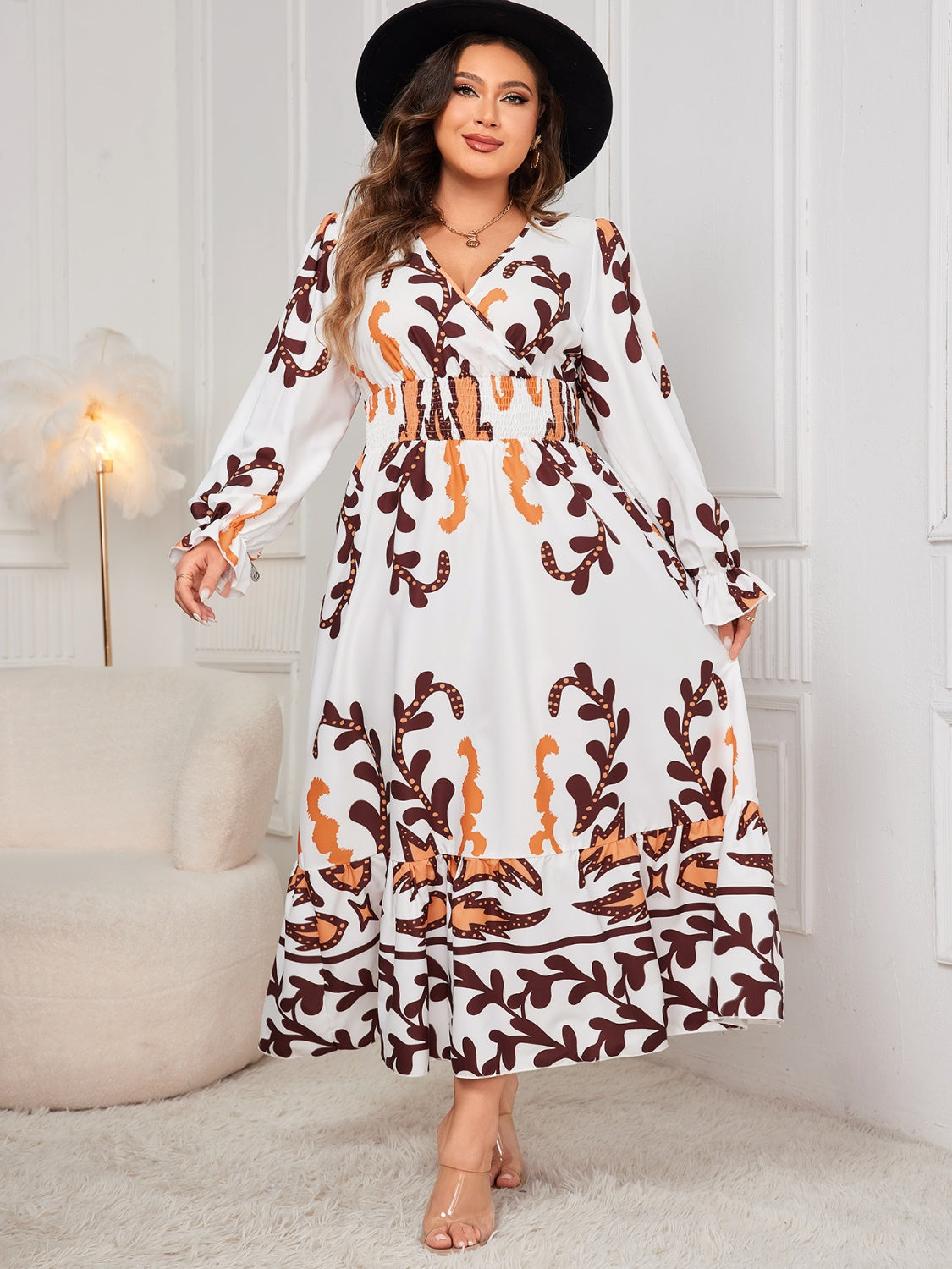 Plus Size Printed Flounce Sleeve Dress
