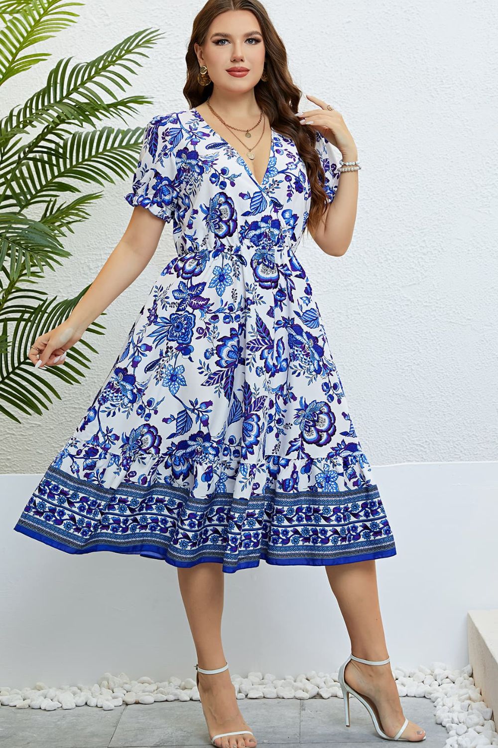 Floral Flounce Sleeve Surplice Dress- Cobalt Blue