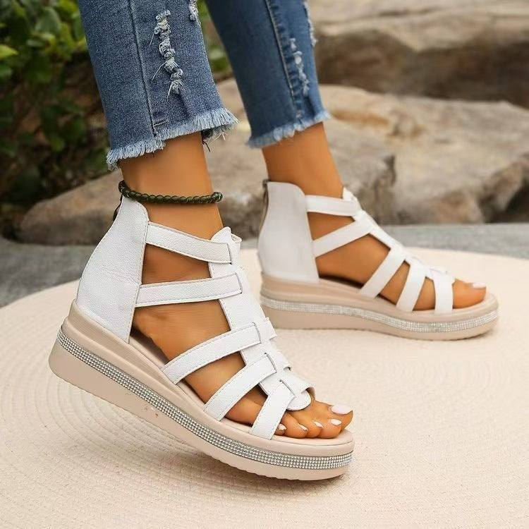 Rhinestone Trim Wedge Sandals- 2 Colors