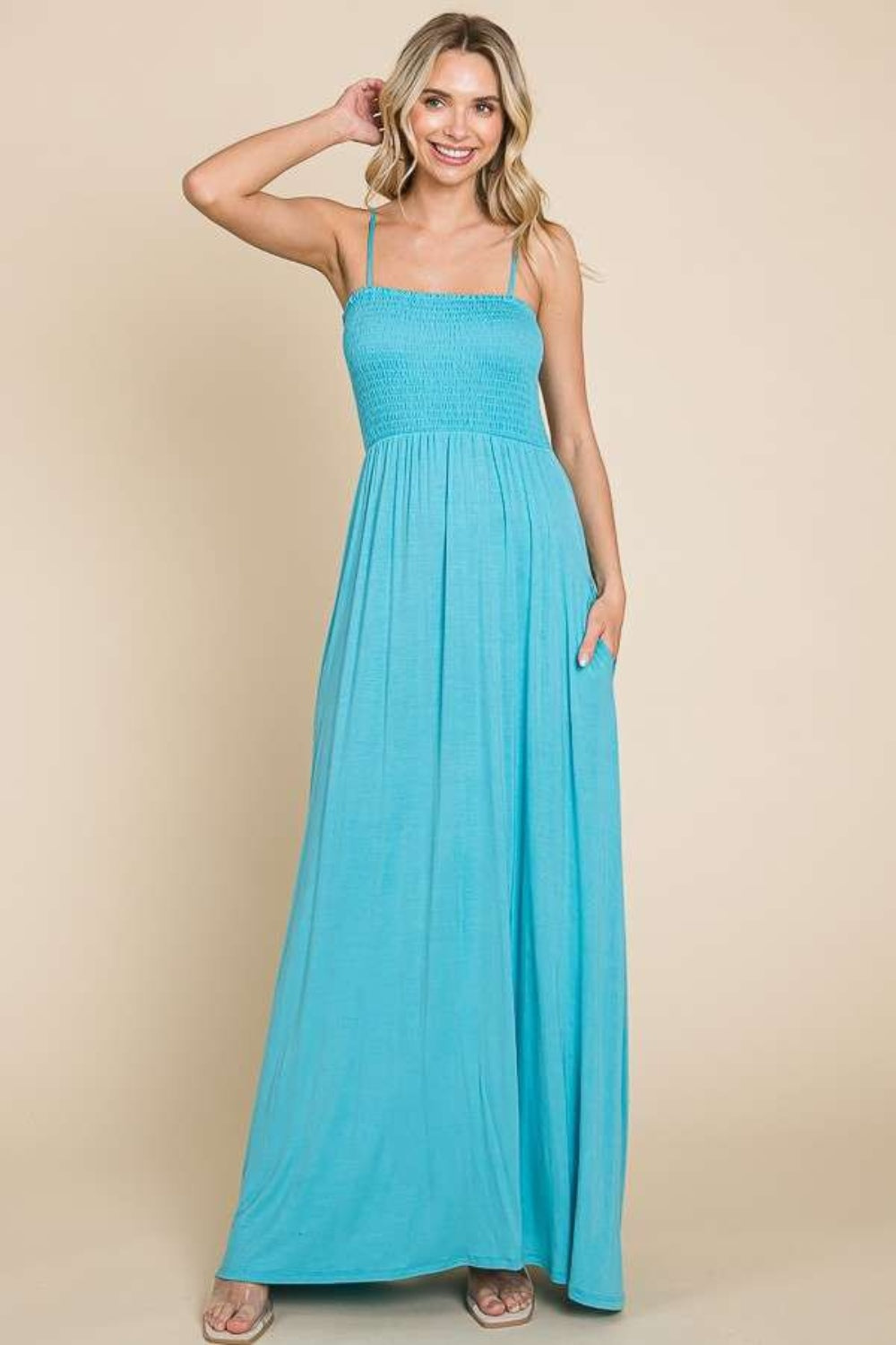 Teal Smocked Cami Maxi Dress with Pockets