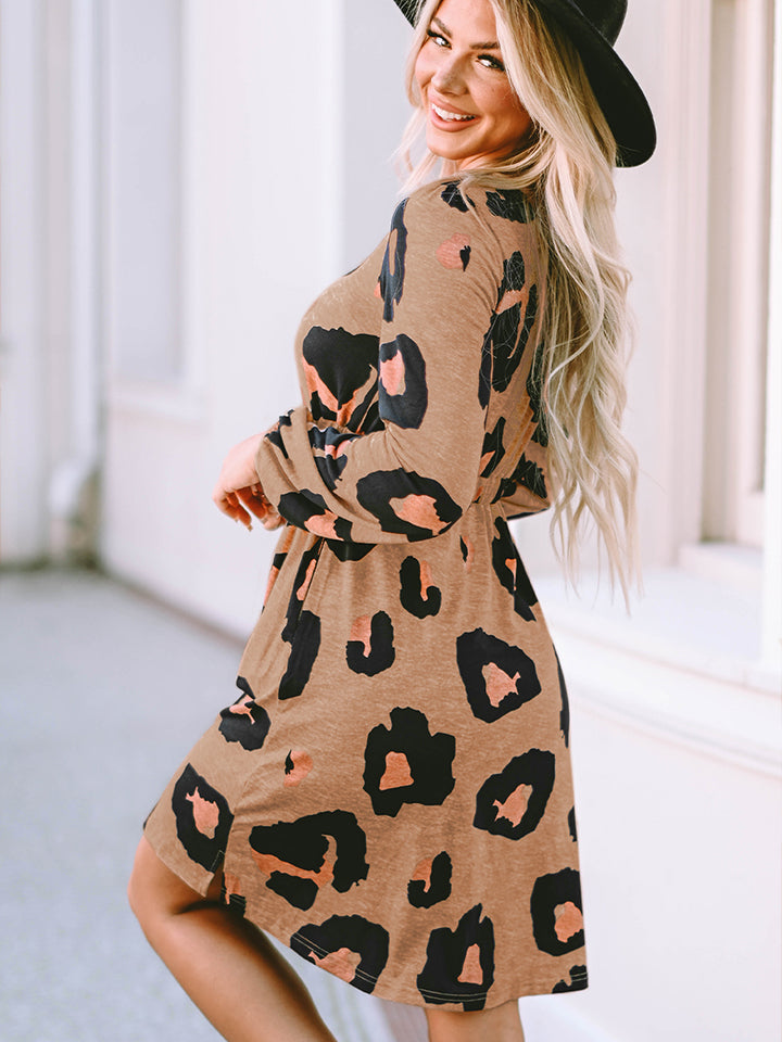 Leopard Printed Round Neck Long Sleeve Button-Up Dress
