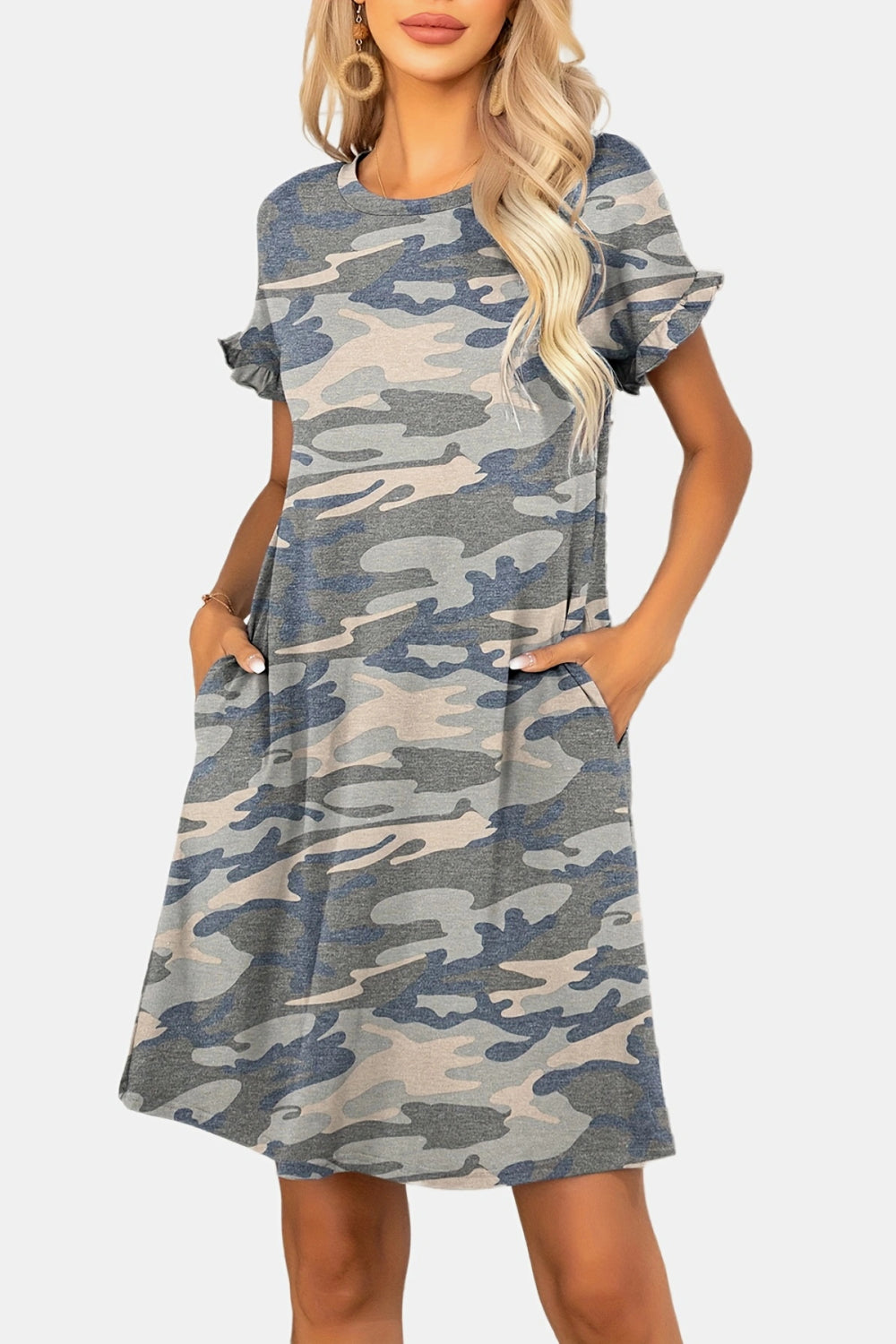 Camo Flounce Sleeve Dress with Pockets