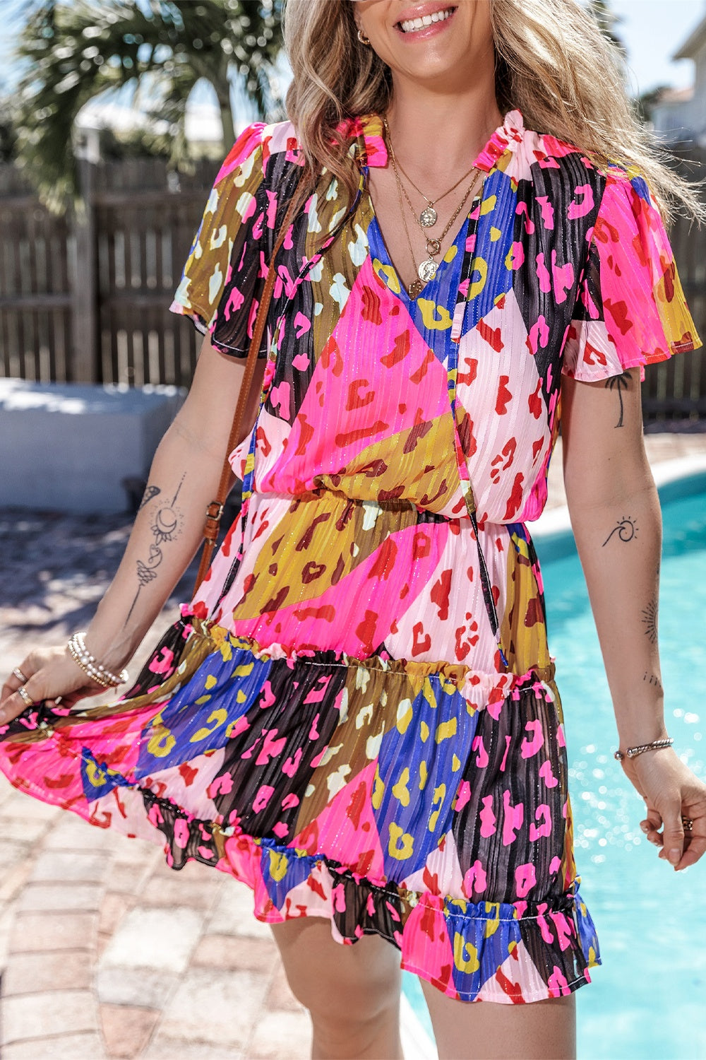 Leopard Printed Tie Neck Short Sleeve Mini Dress