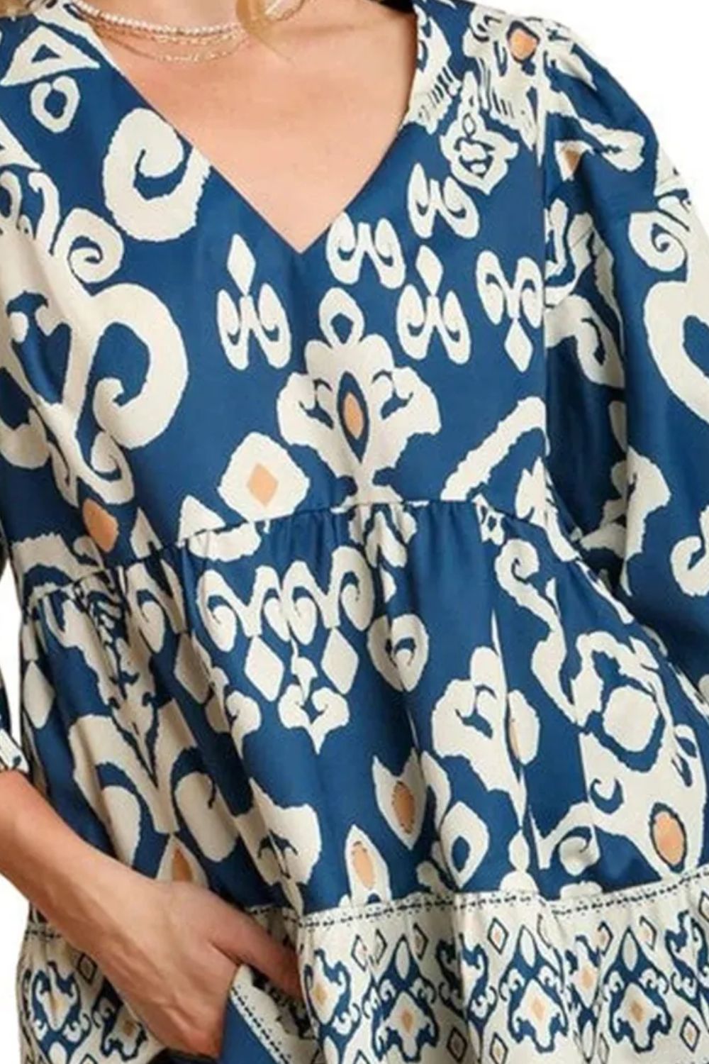 Peacock Blue Printed V-Neck Three-Quarter Sleeve Blouse