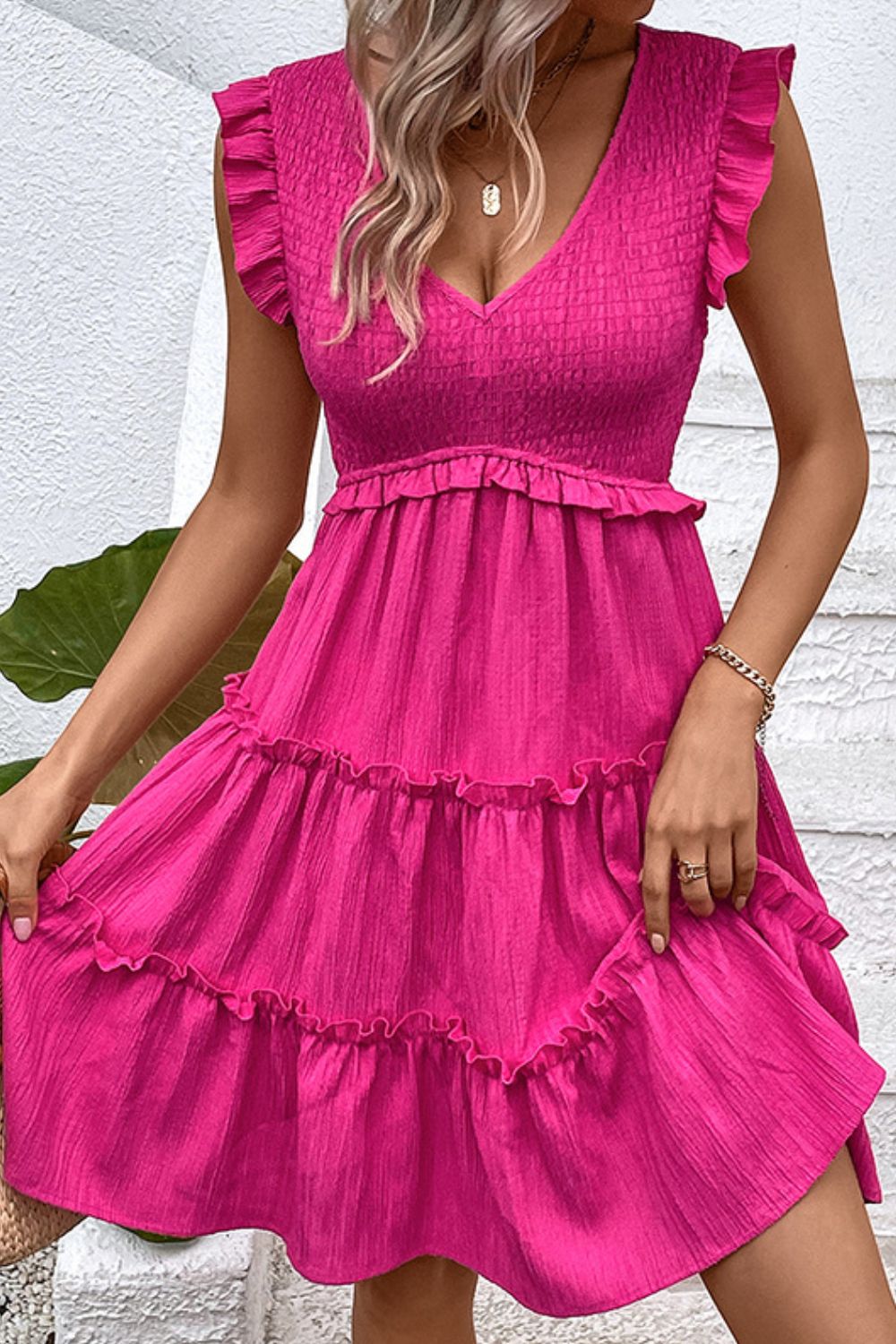 Smocked Deep V Dress in Hot Pink