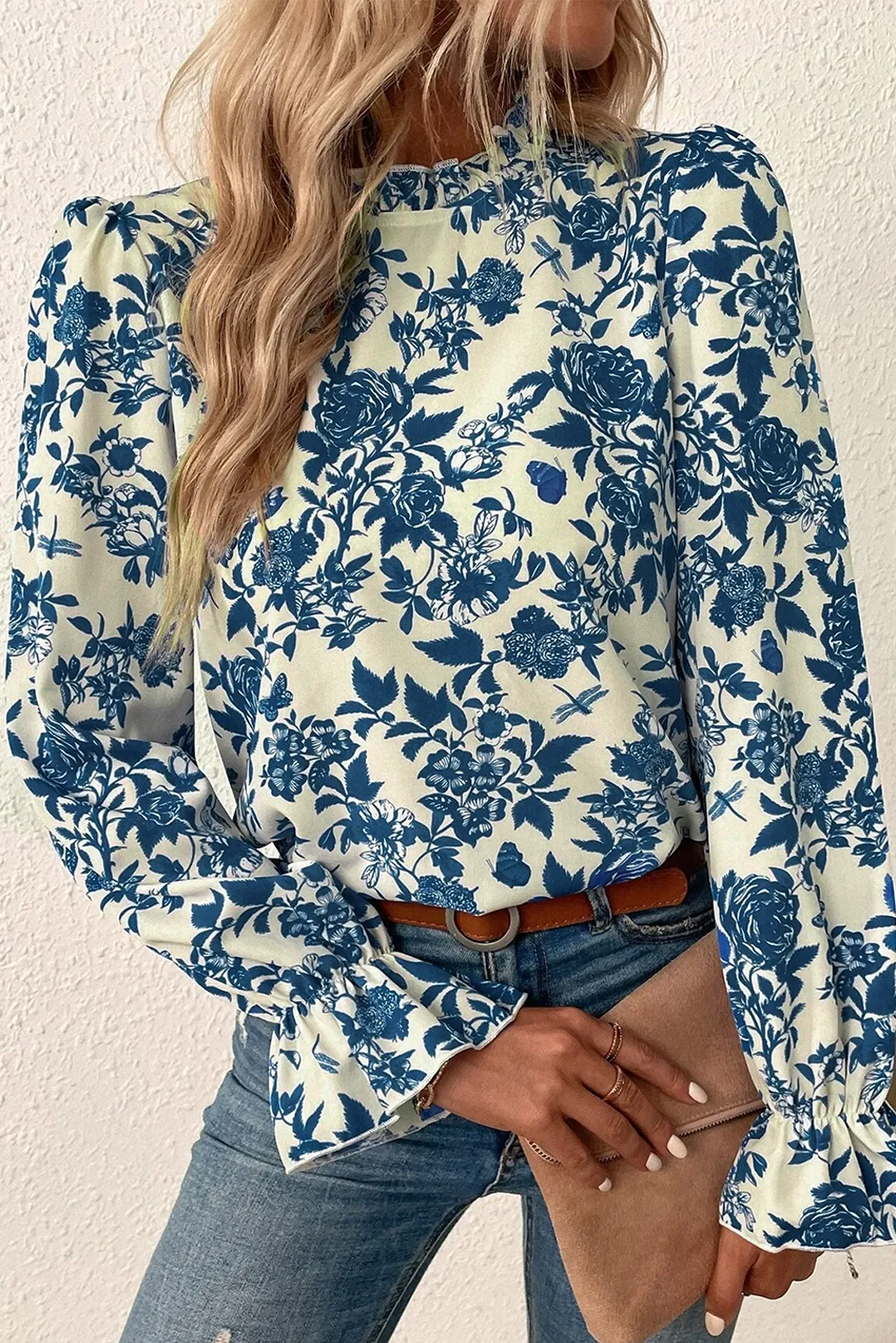 Peacock Blue Printed Mock Neck Flounce Sleeve Blouse