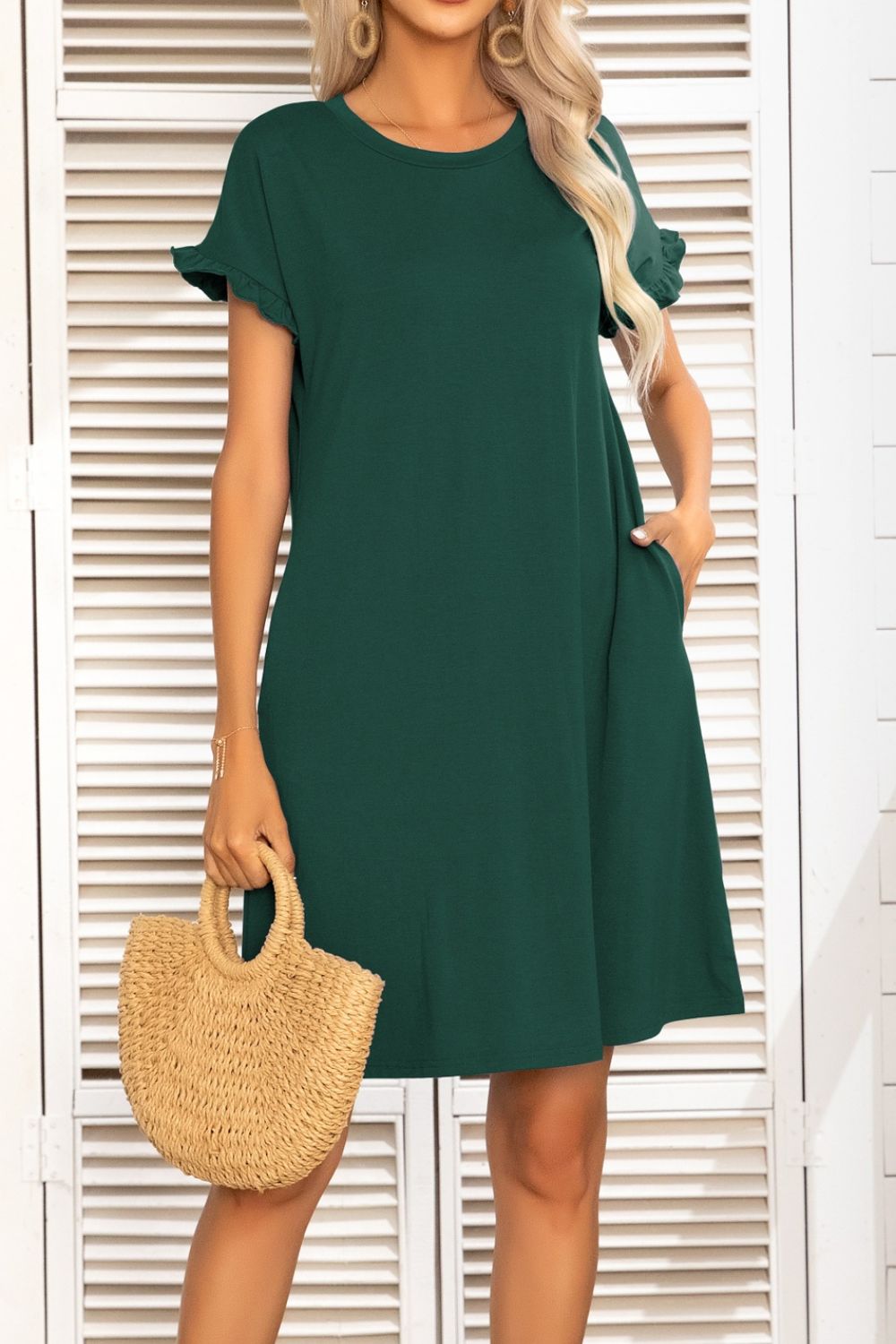 Camo Flounce Sleeve Dress with Pockets