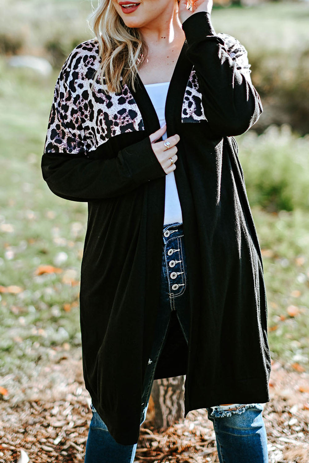Plus Size Open Front Dropped Shoulder Cardigan- Leopard & Buffalo Plaid