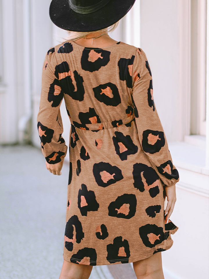 Leopard Printed Round Neck Long Sleeve Button-Up Dress