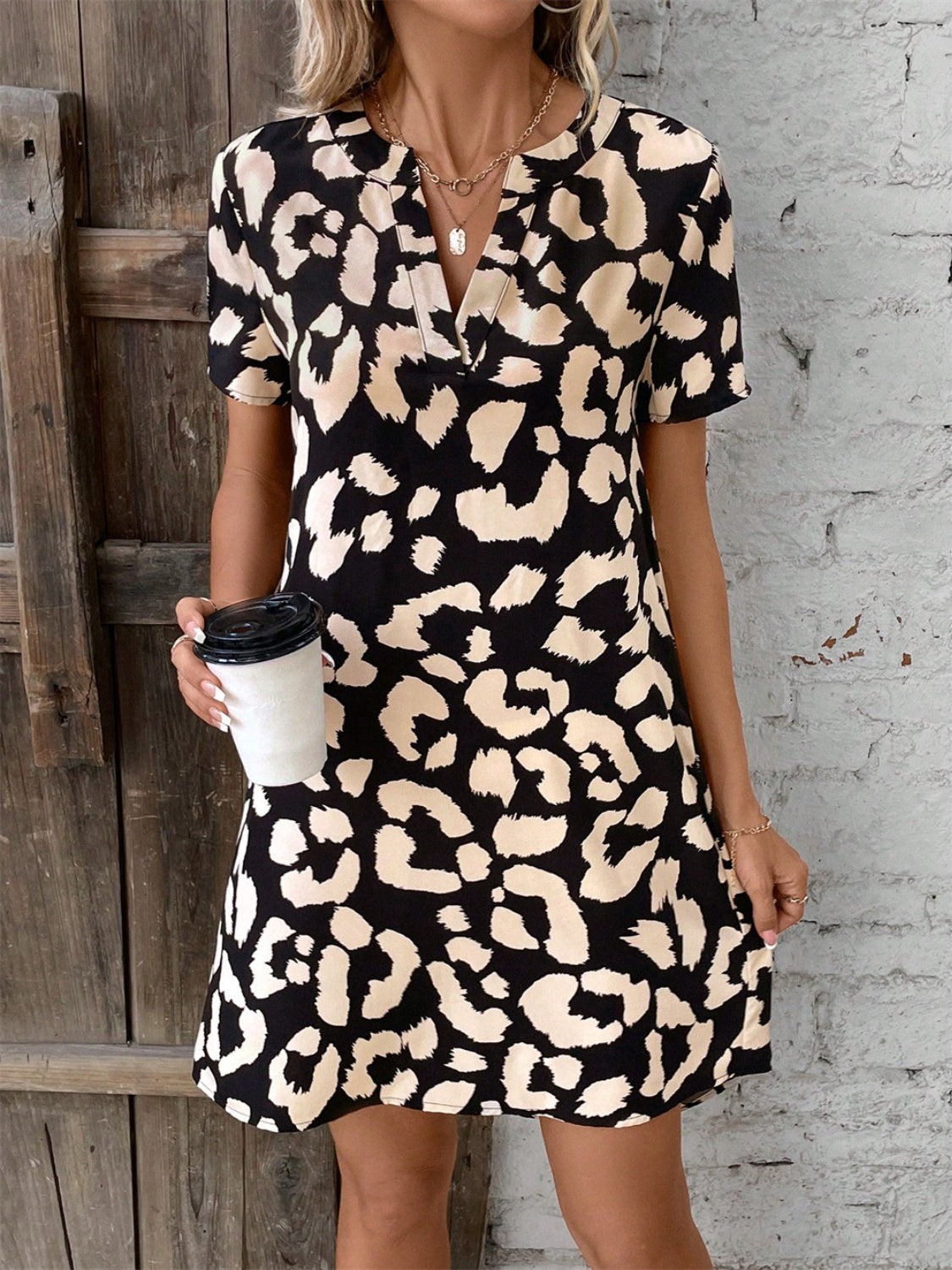 Leopard Printed Notched Short Sleeve Mini Dress