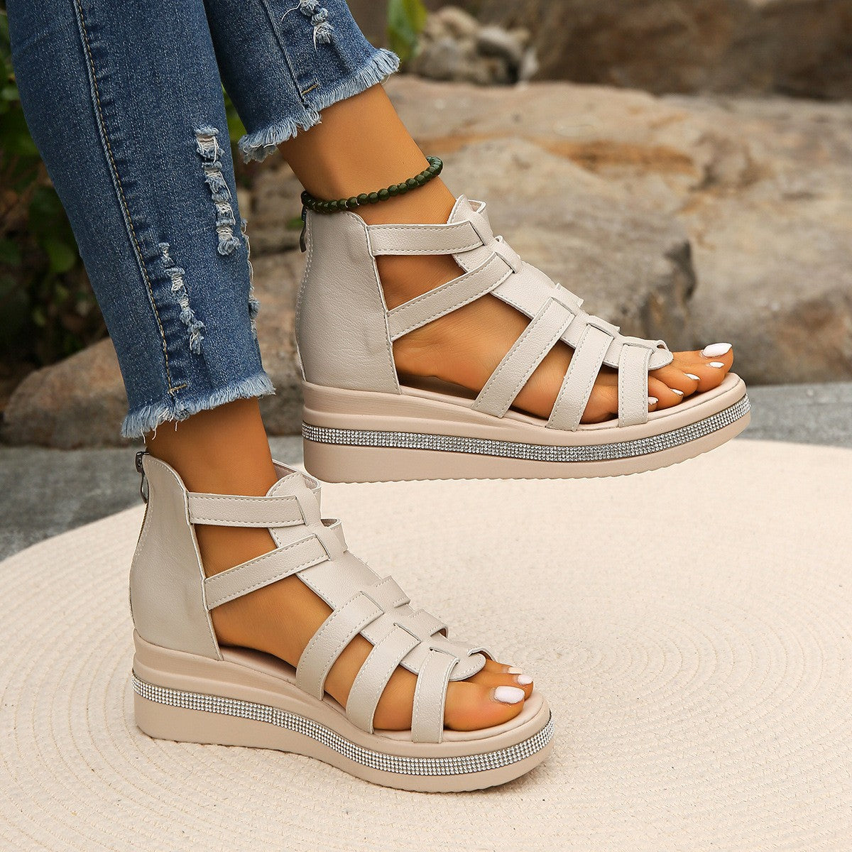 Rhinestone Trim Wedge Sandals- 2 Colors