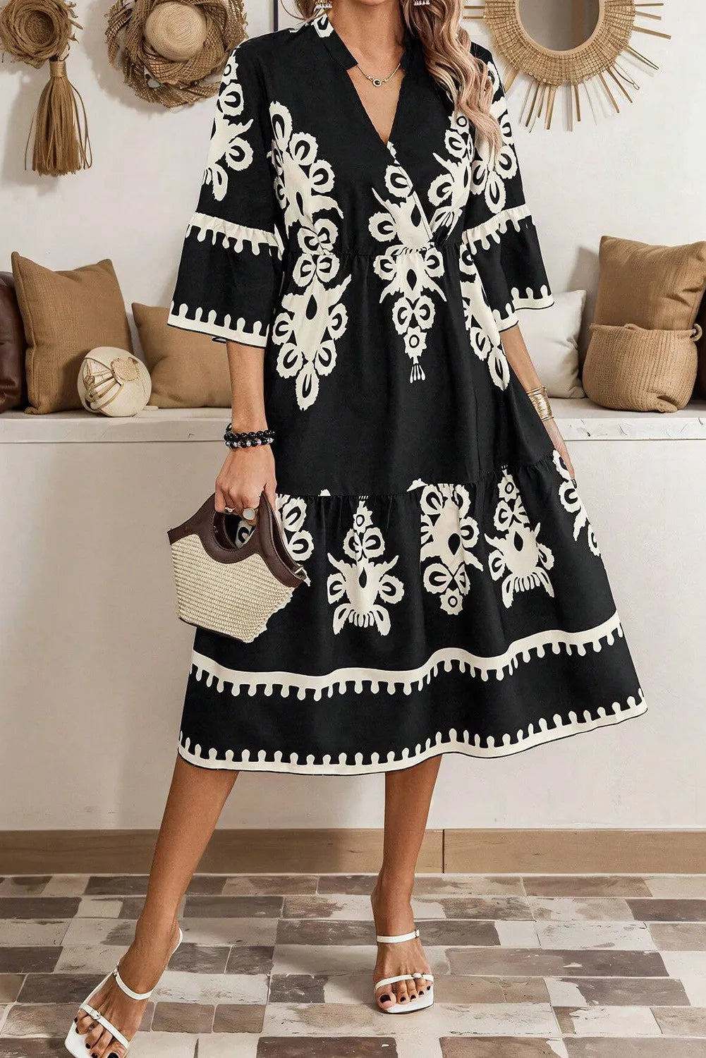 Printed Half Sleeve Dress- Ivory and Black