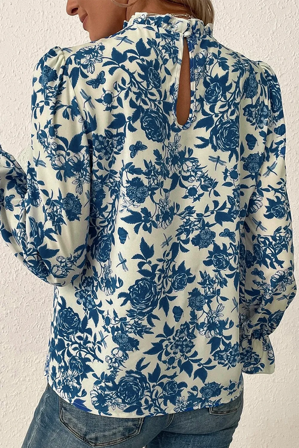Peacock Blue Printed Mock Neck Flounce Sleeve Blouse