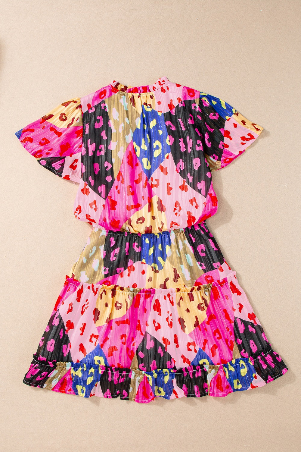 Leopard Printed Tie Neck Short Sleeve Mini Dress