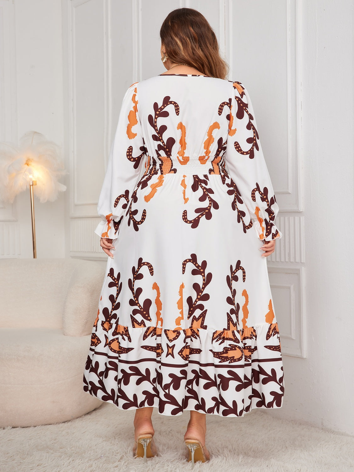 Plus Size Printed Flounce Sleeve Dress