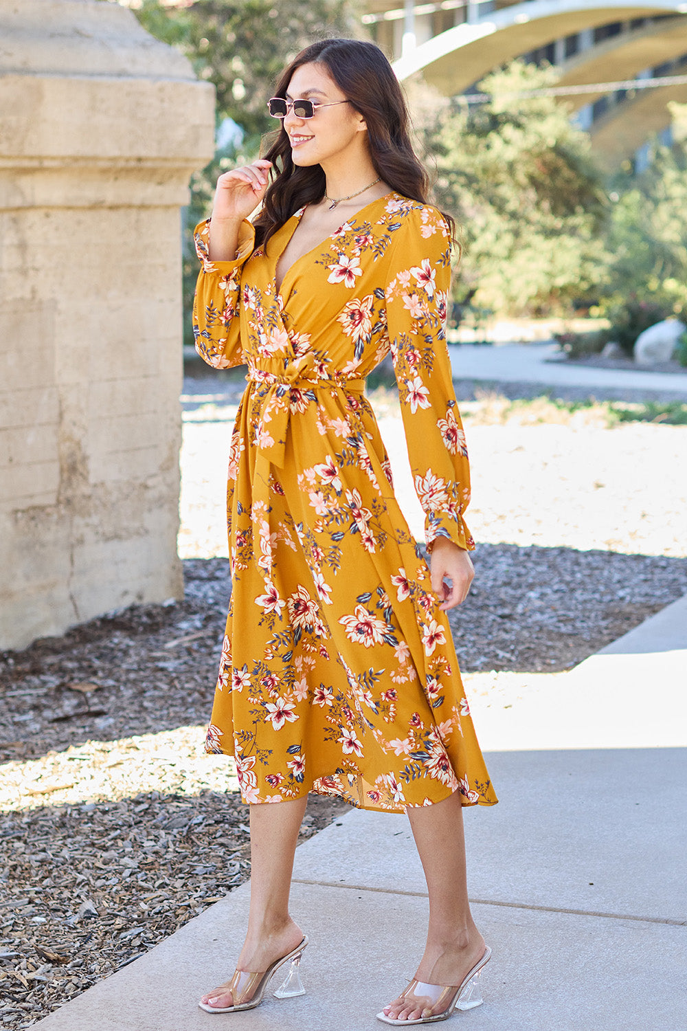 Caramel Floral Tie Back Flounce Sleeve Dress