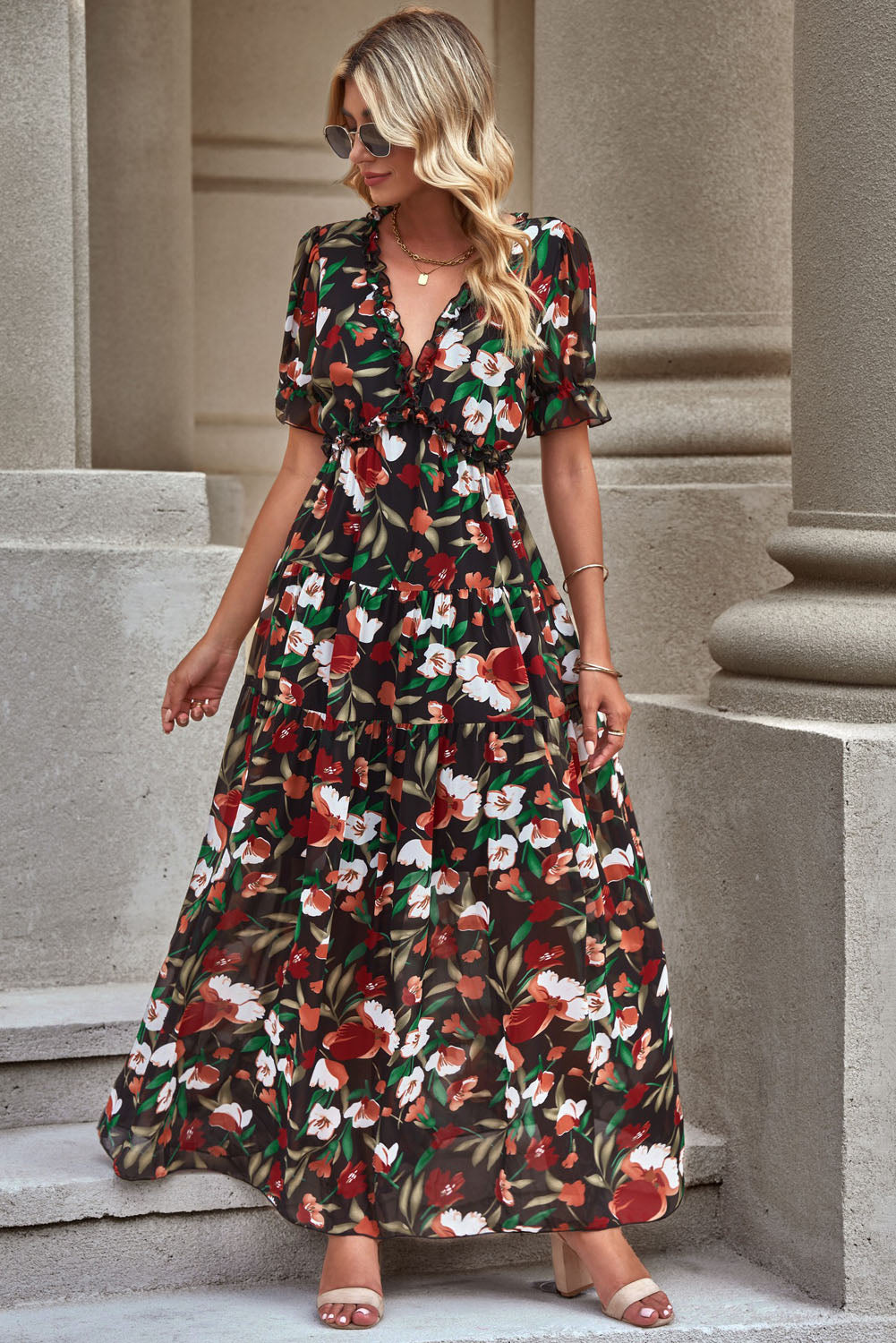 Floral V-Neck Short Sleeve Dress- 2 Color Options