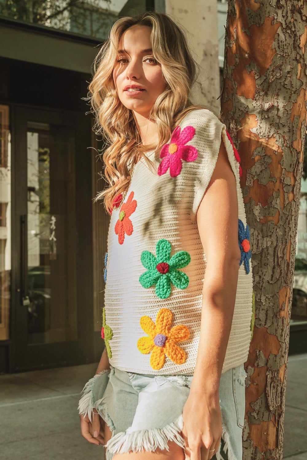 Flower Round Neck Cap Sleeve Knit Top- Ivory Multi