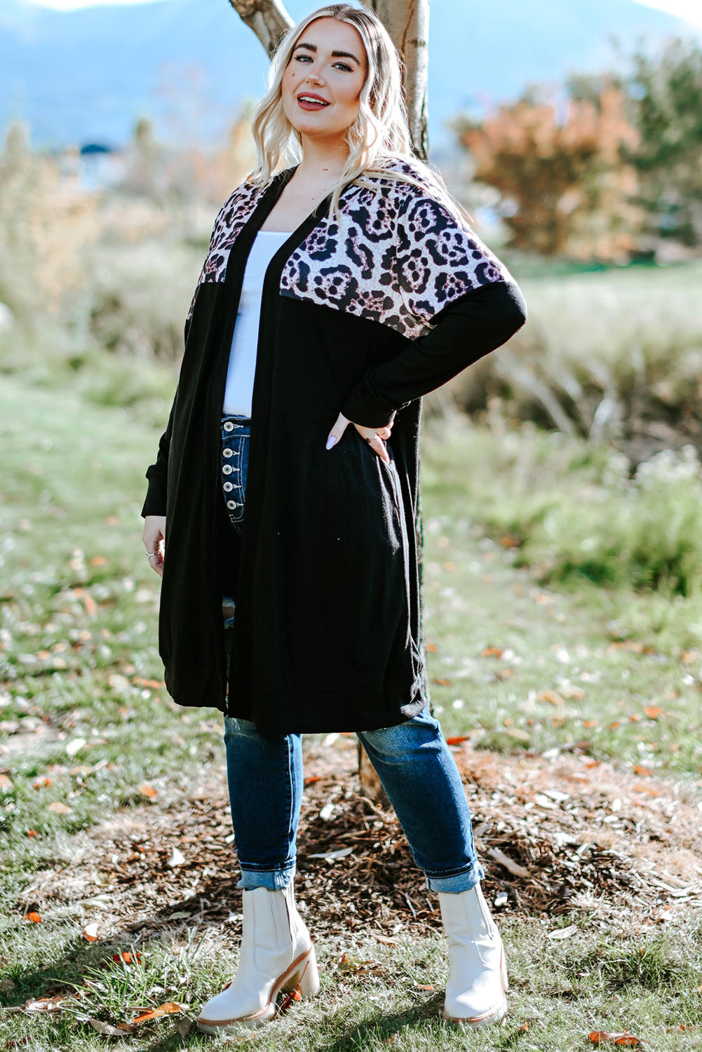 Plus Size Open Front Dropped Shoulder Cardigan- Leopard & Buffalo Plaid