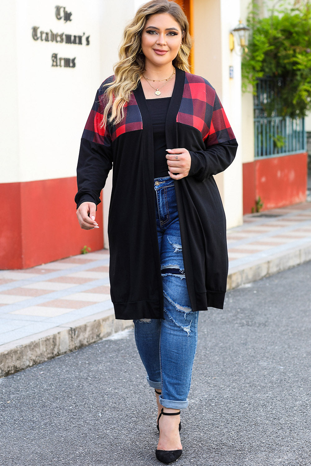 Plus Size Open Front Dropped Shoulder Cardigan- Leopard & Buffalo Plaid
