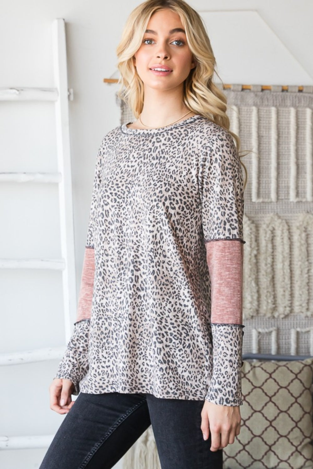Leopard Exposed Seam Contrast Long Sleeved T-Shirt
