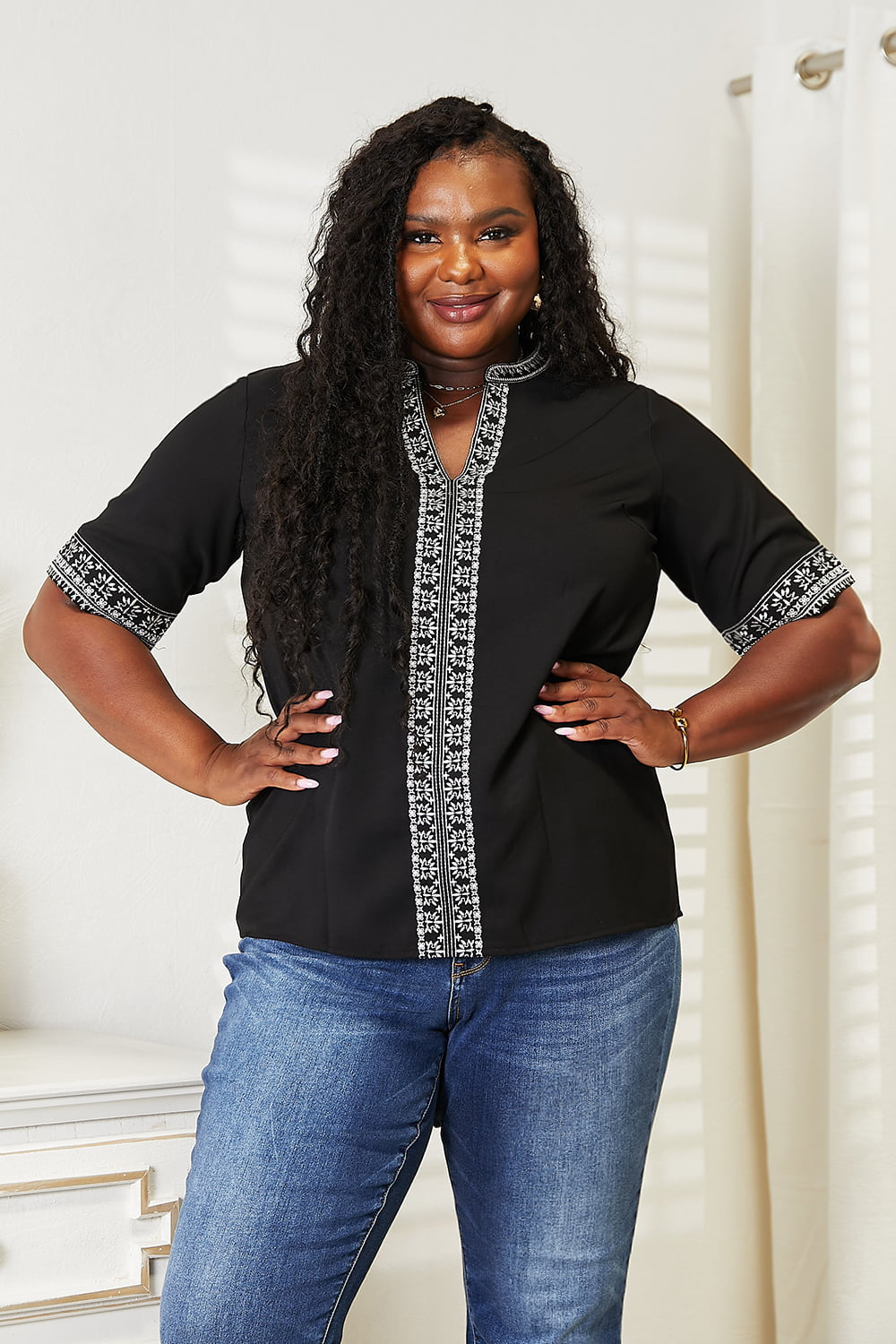 Black Take Embroidered Notched Neck Top