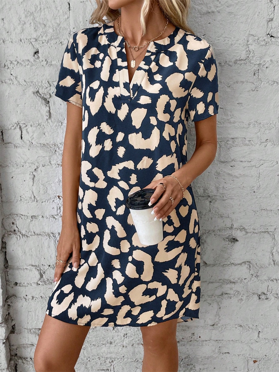 Leopard Printed Notched Short Sleeve Mini Dress