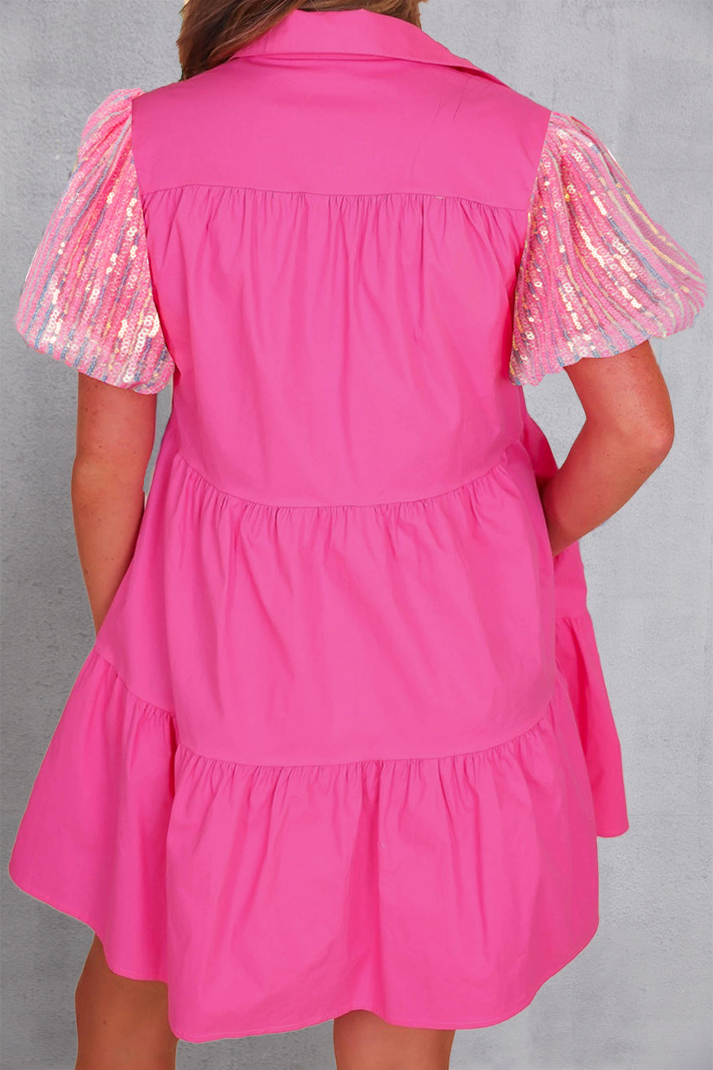 Pink Sequin Button Up Tiered Dress