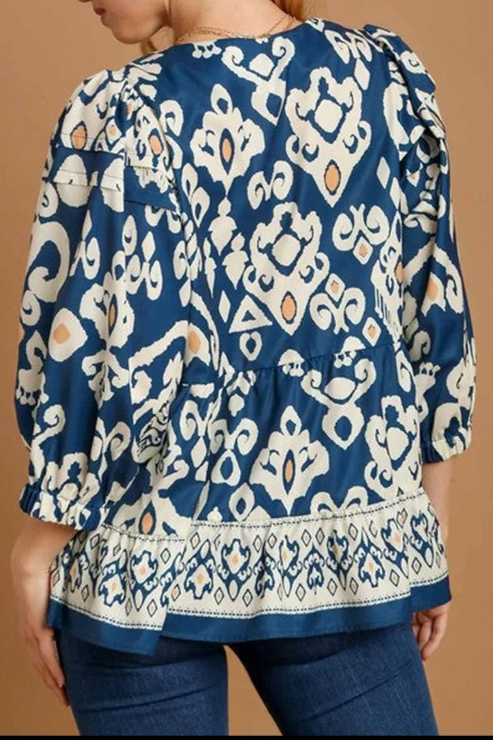 Peacock Blue Printed V-Neck Three-Quarter Sleeve Blouse