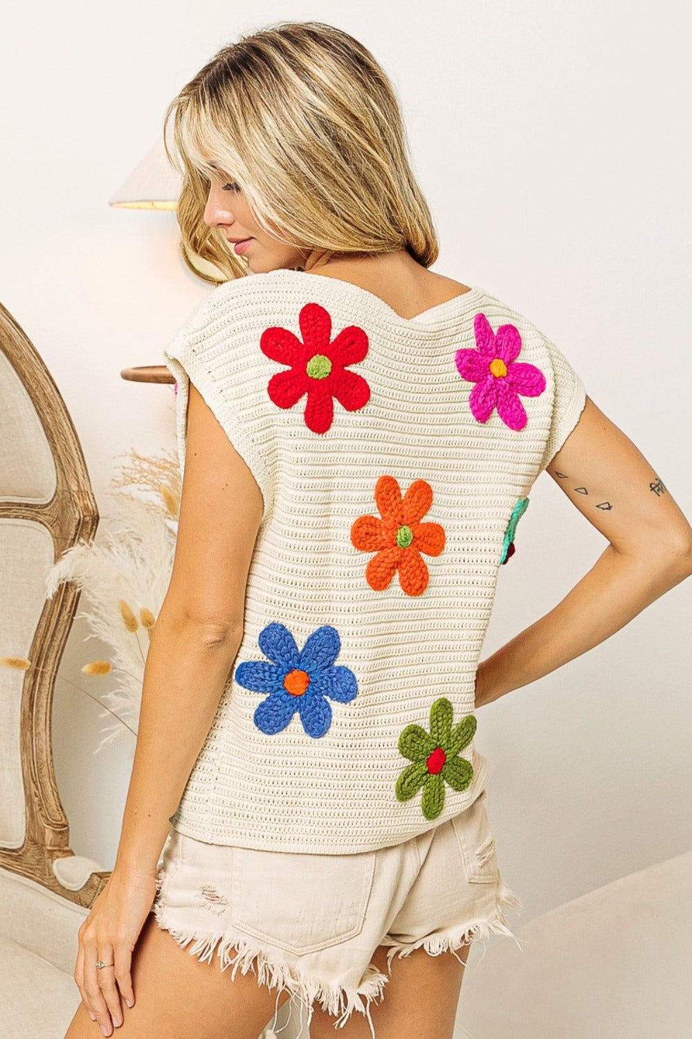 Flower Round Neck Cap Sleeve Knit Top- Ivory Multi