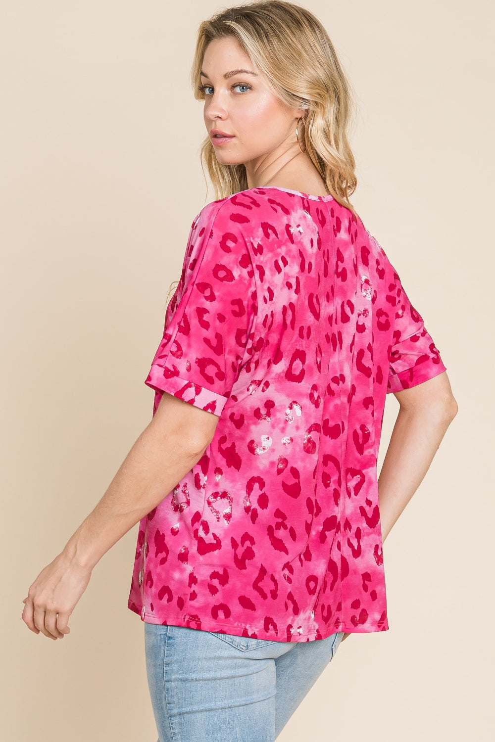 Fuchsia Leopard V-Neck Short Sleeve T-Shirt