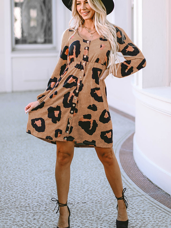 Leopard Printed Round Neck Long Sleeve Button-Up Dress