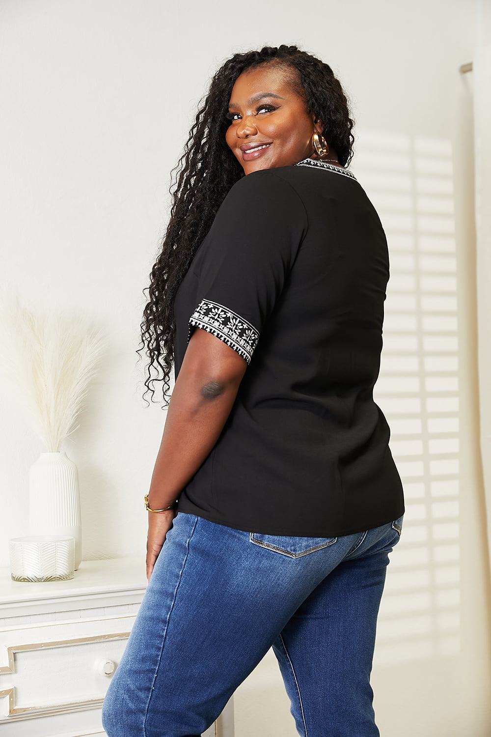 Black Take Embroidered Notched Neck Top
