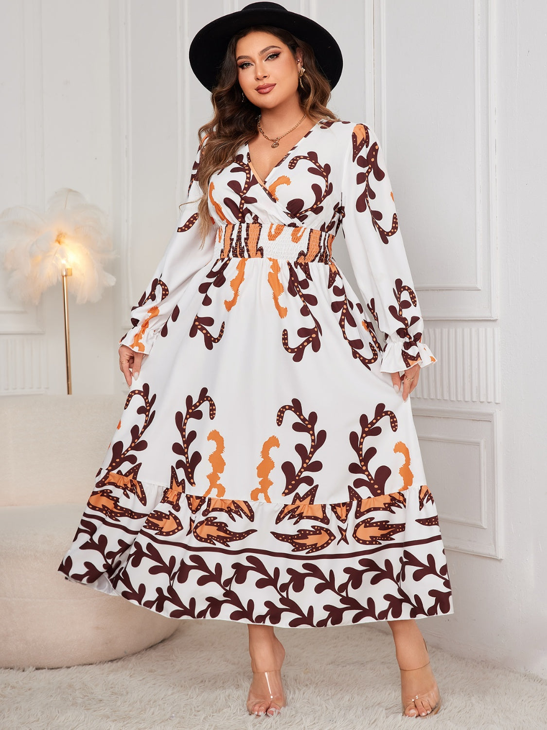Plus Size Printed Flounce Sleeve Dress