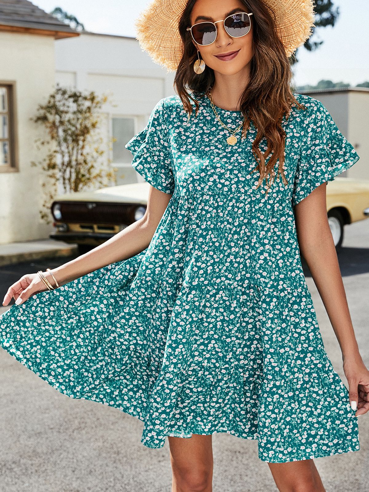 Short Flounce Sleeve Tiered Dress- 3 Print Options